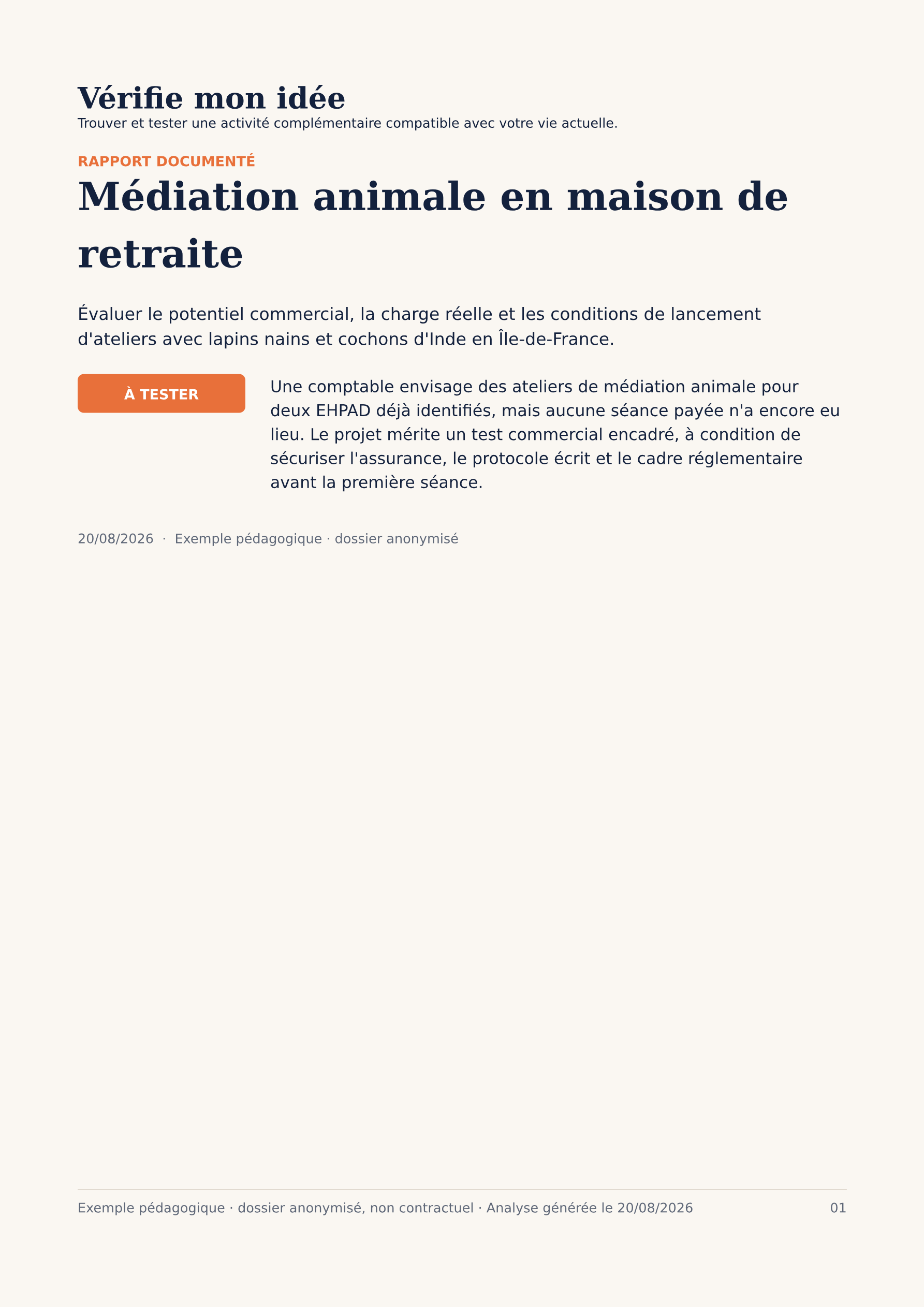 Page de garde du rapport documenté « Médiation animale en maison de retraite » : décision provisoire « À tester », profil analysé (comptable de 54 ans à temps partiel, Île-de-France).