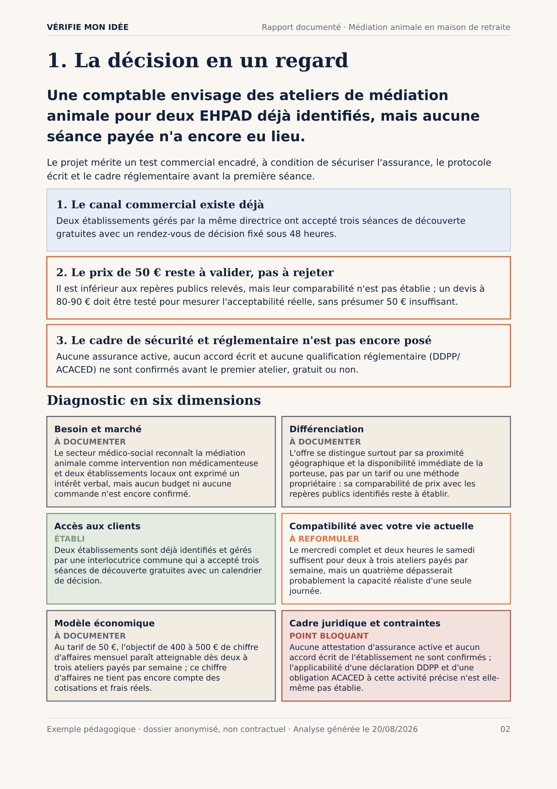 Décision en un regard : trois enseignements déterminants et diagnostic en six dimensions (besoin et marché, différenciation, accès aux clients, compatibilité avec la vie actuelle, modèle économique, cadre juridique).