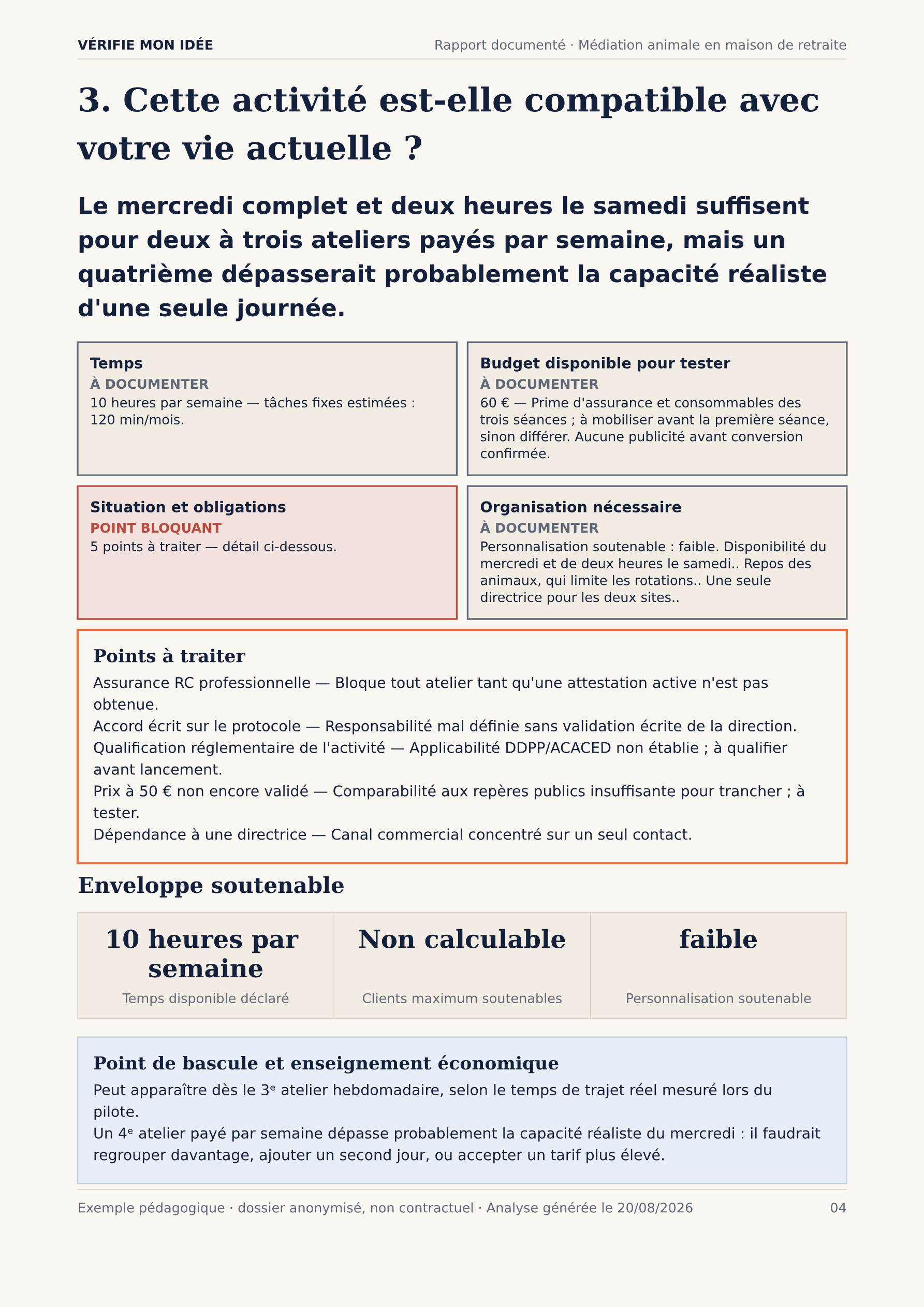 Compatibilité avec la vie actuelle : temps disponible déclaré, budget pour tester, points à traiter et enveloppe soutenable (charge de travail, point de bascule).