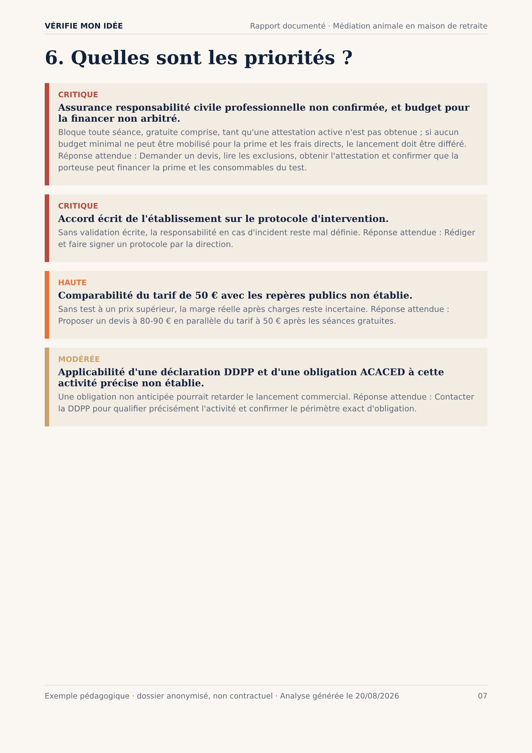 Priorités de traitement classées par urgence (assurance, accord écrit, prix à valider, statut réglementaire) avec réponse attendue et délai.