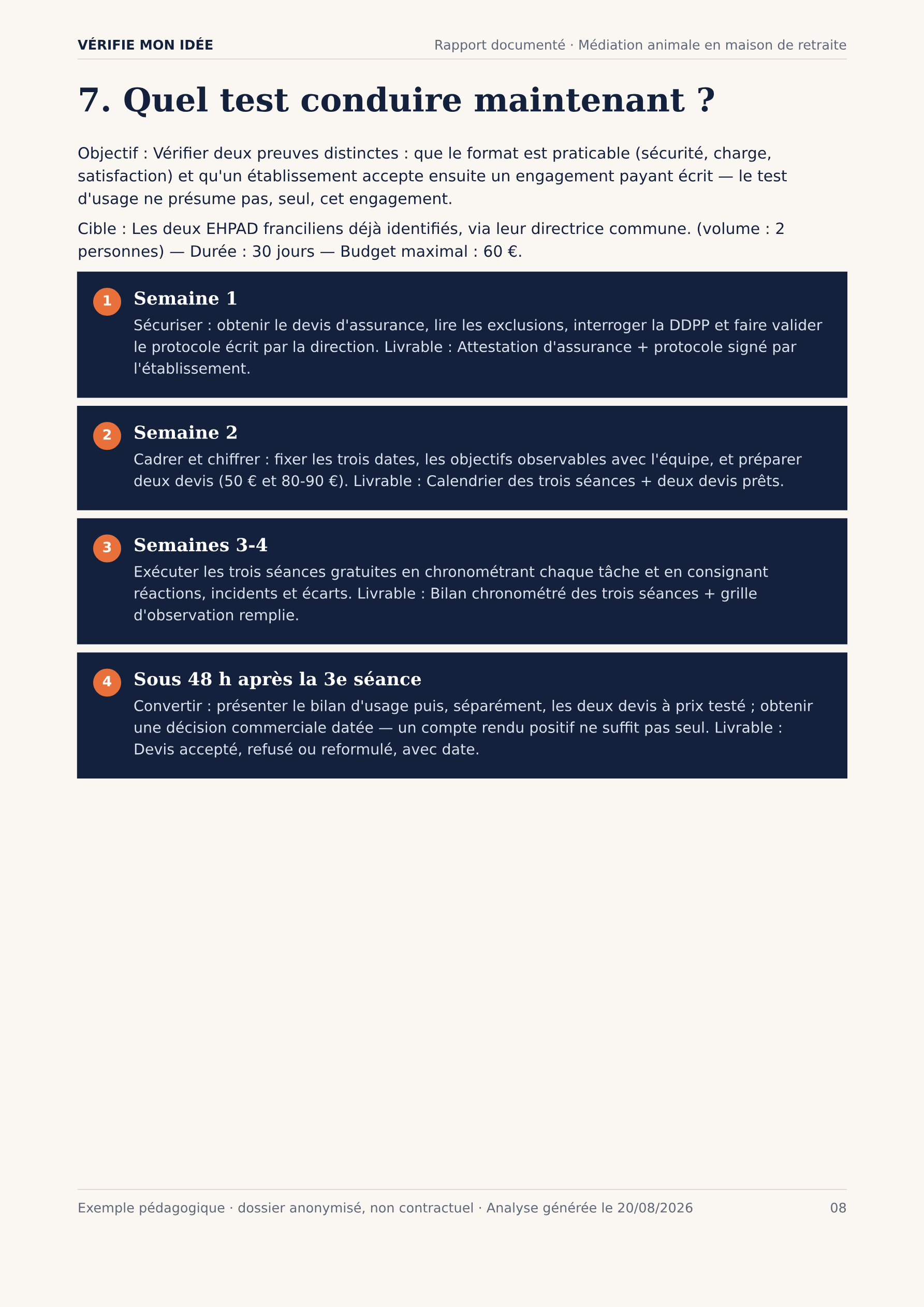 Protocole de test en quatre étapes sur 30 jours : sécuriser, cadrer et chiffrer, exécuter les séances, convertir en décision commerciale.