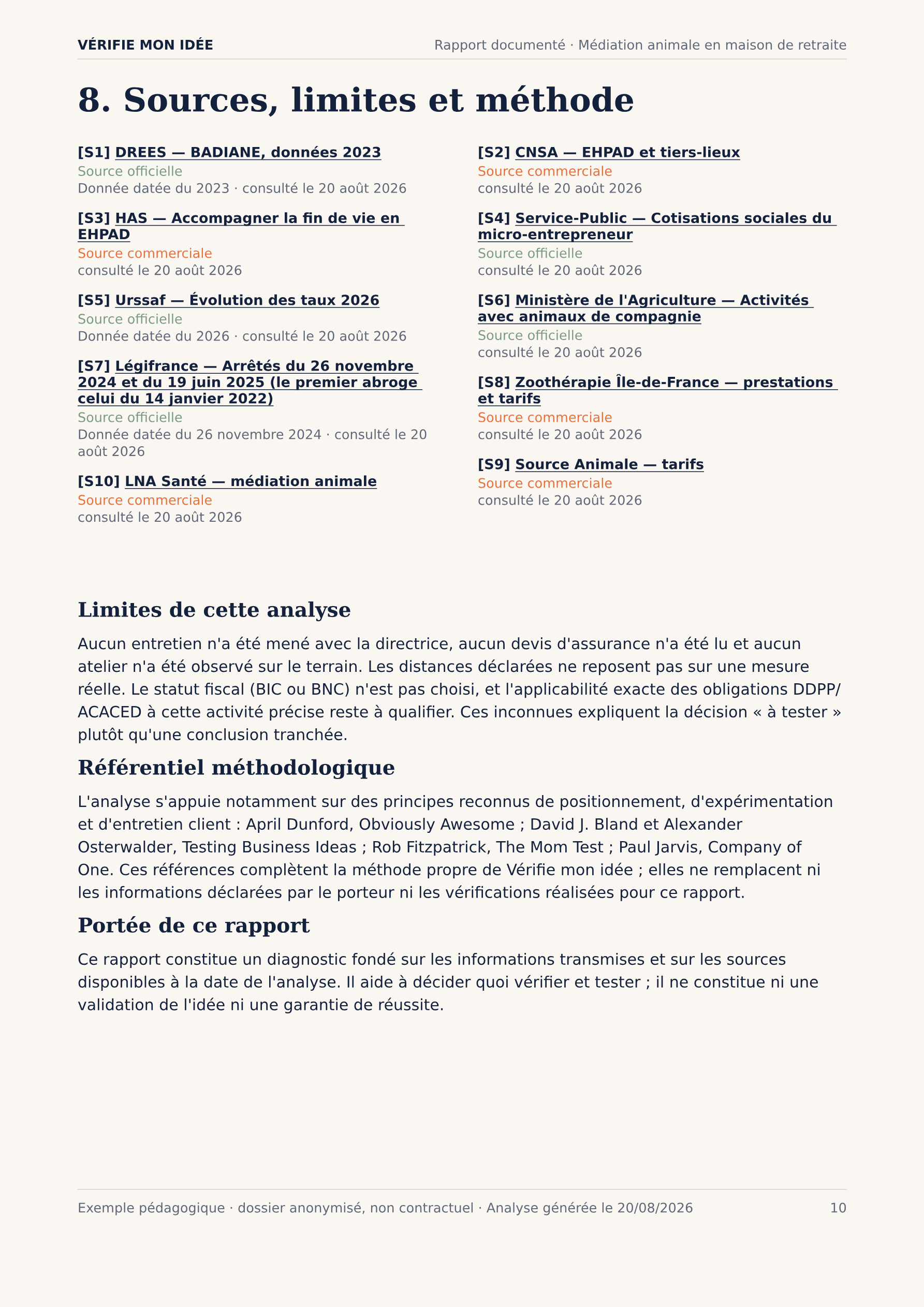 Sources, limites et méthode : liste des sources citées et datées, limites de l'analyse, référentiel méthodologique et portée du rapport.