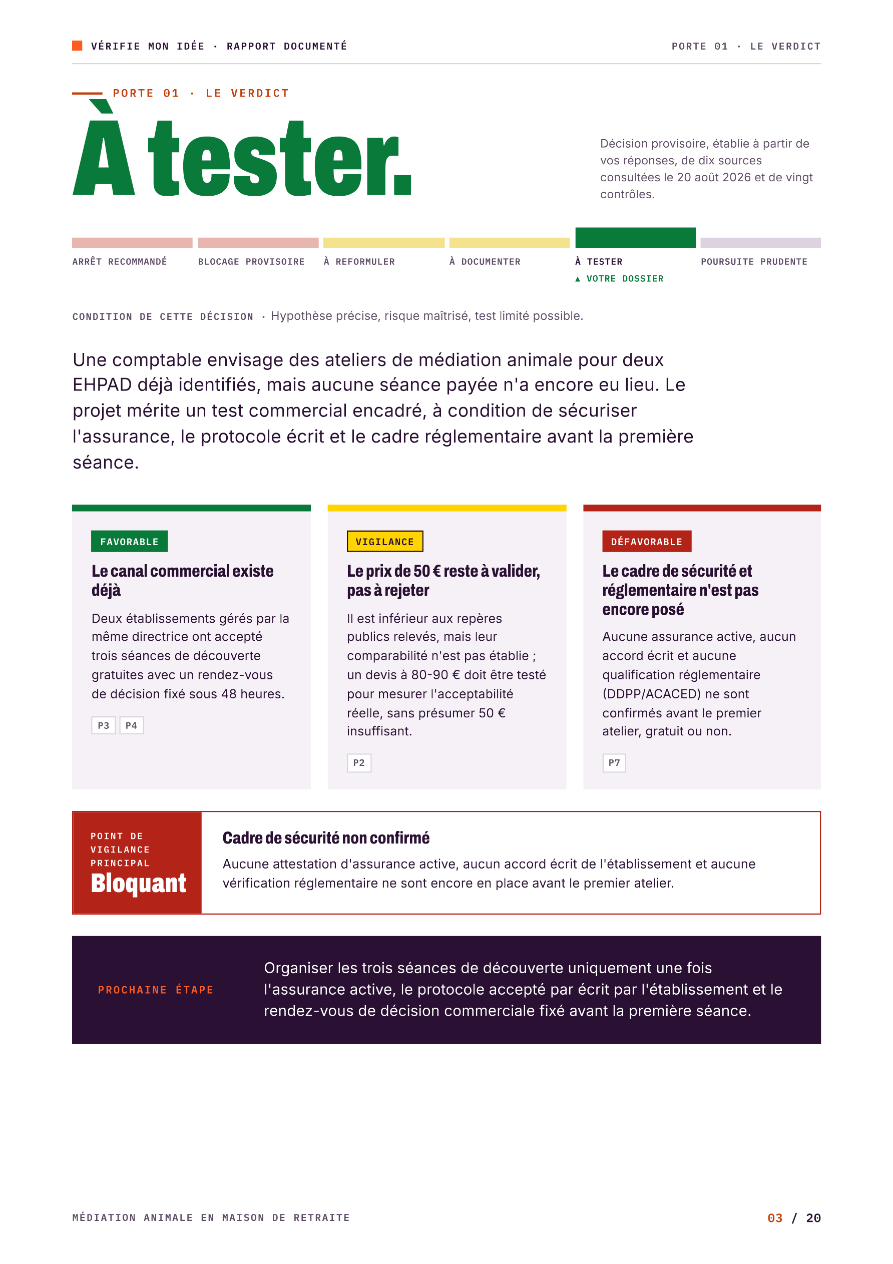 Le verdict : décision « À tester » placée sur l'échelle des six décisions possibles, trois enseignements (favorable, vigilance, défavorable), le point de vigilance principal et la prochaine étape.