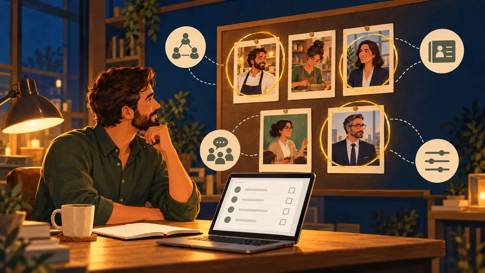 Un entrepreneur sélectionne, parmi plusieurs profils professionnels épinglés sur un tableau, ceux qui correspondent à la cible de son étude.