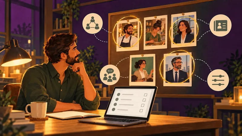 Un entrepreneur sélectionne, parmi plusieurs profils professionnels épinglés sur un tableau, ceux qui correspondent à la cible de son étude.