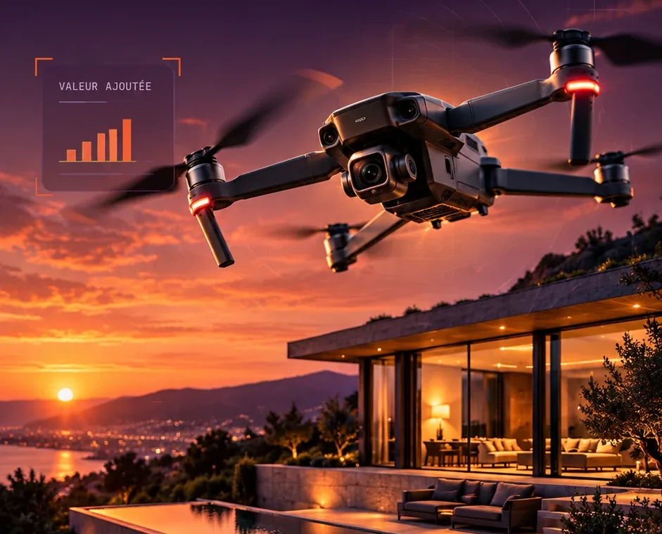 Un drone survole au coucher du soleil une maison contemporaine avec piscine, au-dessus d'une baie.