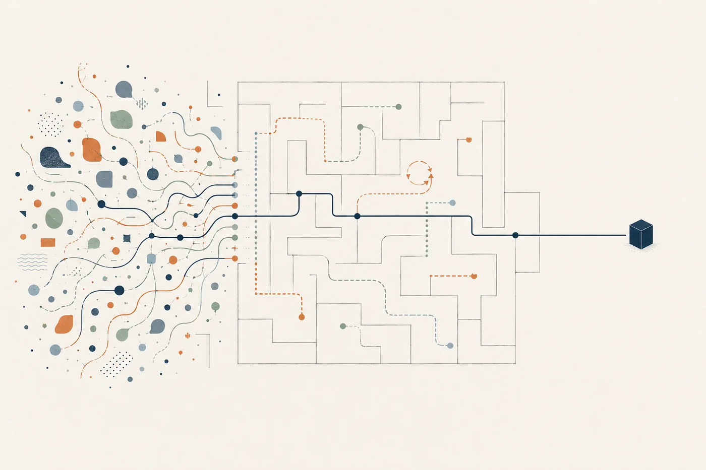 Illustration d'une idée foisonnante traversant un labyrinthe de filtres jusqu'à une décision unique et nette.